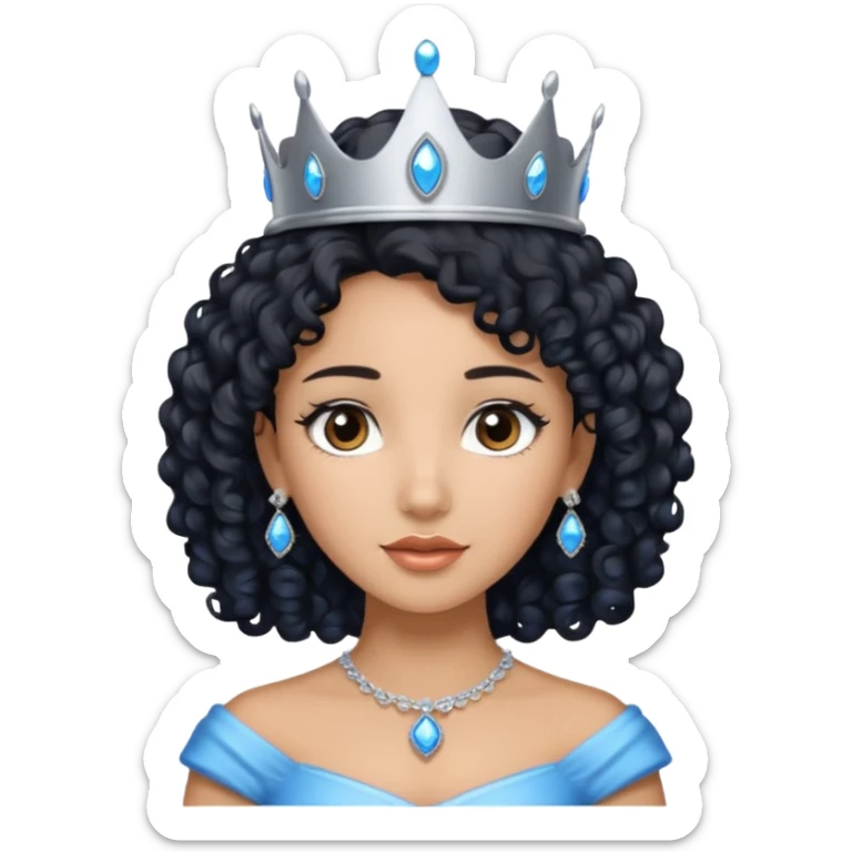 Por favor hazme el emoji de la princesa pero con piel canela con el pelo negro y rizado, los ojos marrones y la corona plateada con jollas azules sticker