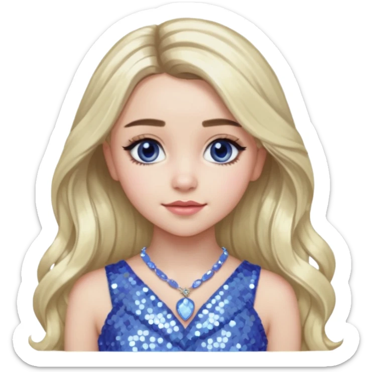 Sabrina Carpenter with long platinum blonde hair, periwinkle sequin dress and necklace sticker