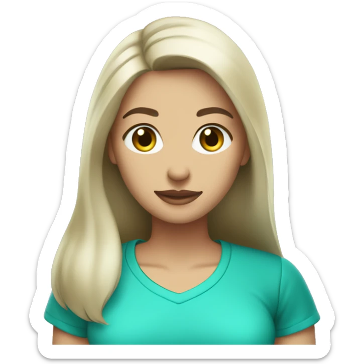 woman cleaner with light skin and long dark straight hair in turquoise color t-shirt. she stay with vacum cleaner sticker