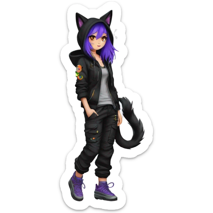 Edgy Anthro-sona cool shy colorful urban beautiful pretty anime Black cat-Pokémon techwear cargo pants hoodie collar sticker