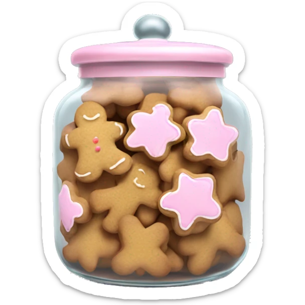 Realistic glass cookie jar with light pink lid full of gingerbread cookies isolated.  sticker
