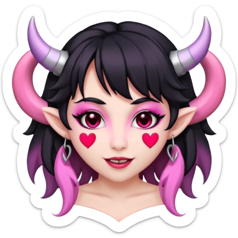 succubus,-pink-irises,-heart-pupils,-black-shaggy-hair,-straight-across-fringe,-grey-skin,-white-horns-curving-towards-forehead,-succubus-horns,-flirty-smile,-full-lips,-black-lips,-cute-fangs sticker