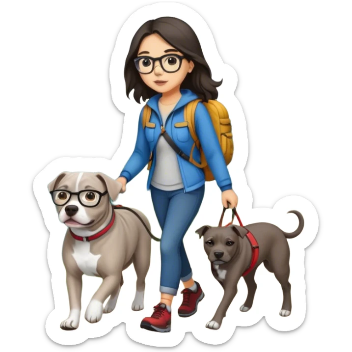 Girl with glasses and long dark hair hiking and walking grey pitbull sticker