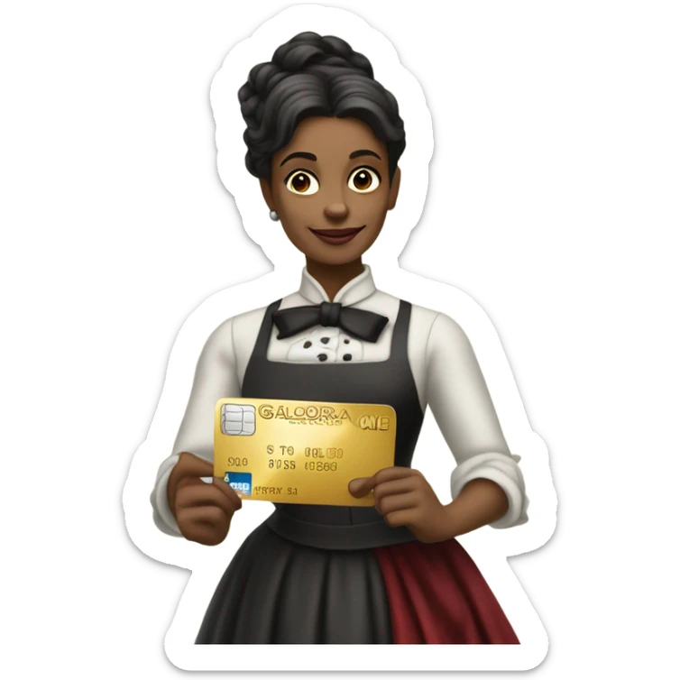 galora waitress galora in Victorian dress elegant, full body, holding big credit card sticker