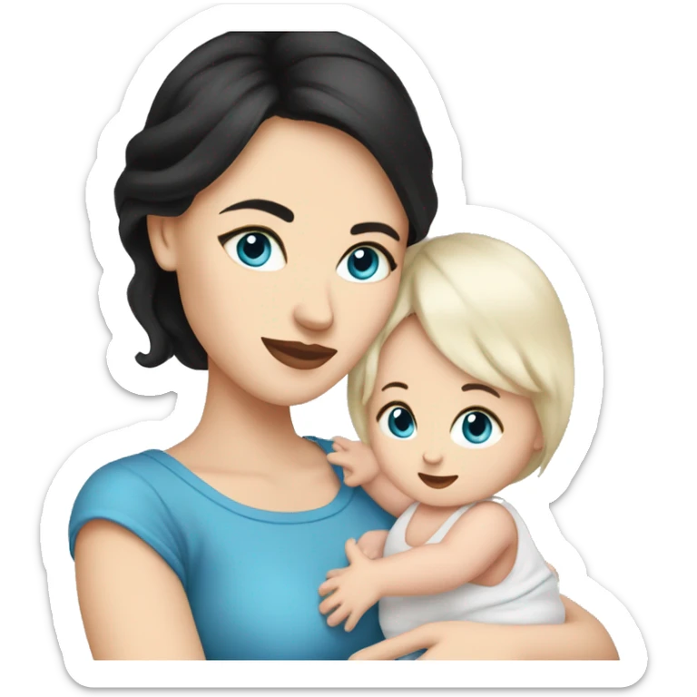 mom holding newborn baby girl with blue eyes white skin black hair sticker