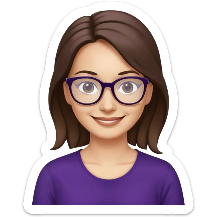 nữ 40 tuổi, da trắng, tóc dài được buộc gọn gàng màu nâu, mặt cười tươi vui vẻ, đeo kính màu đen, áo tím đậm sticker