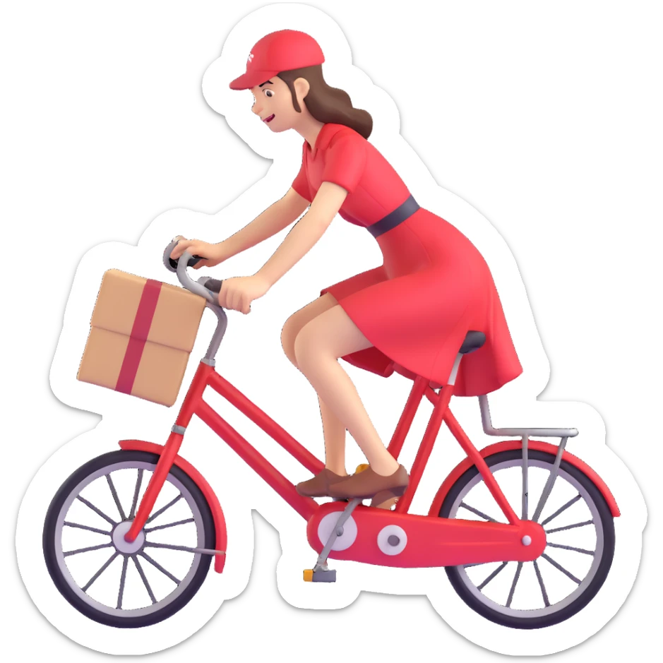 courier in a flowing red dress delivering packages on a bicycle, energetic and cheerful sticker