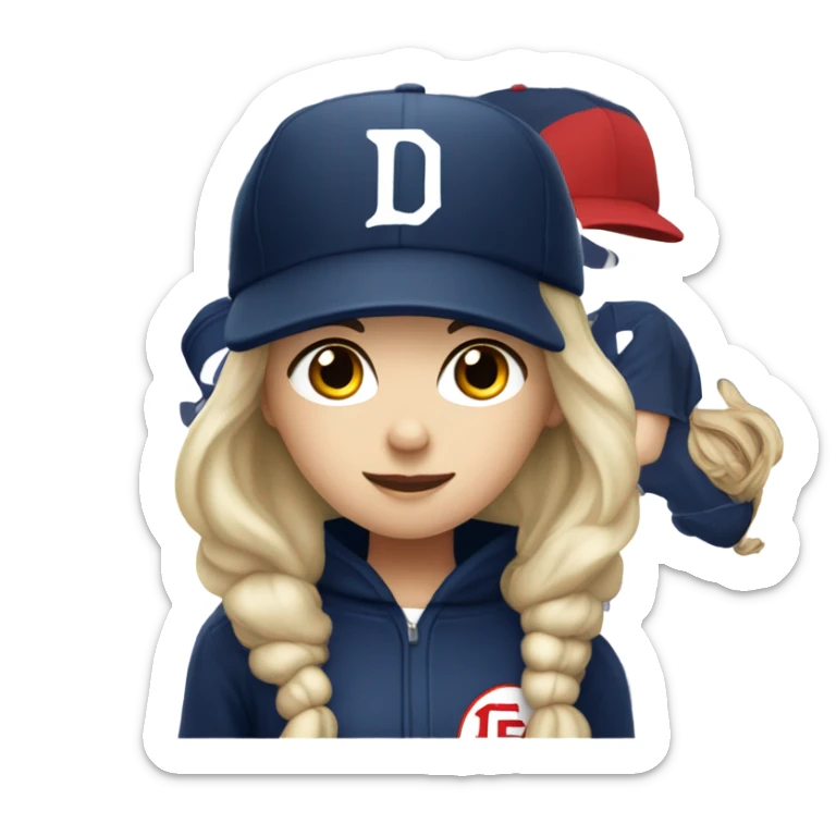 White girl with black long hair who wearing navy ballcap emblazoned with a red D initial and wearing baseball uniform sticker