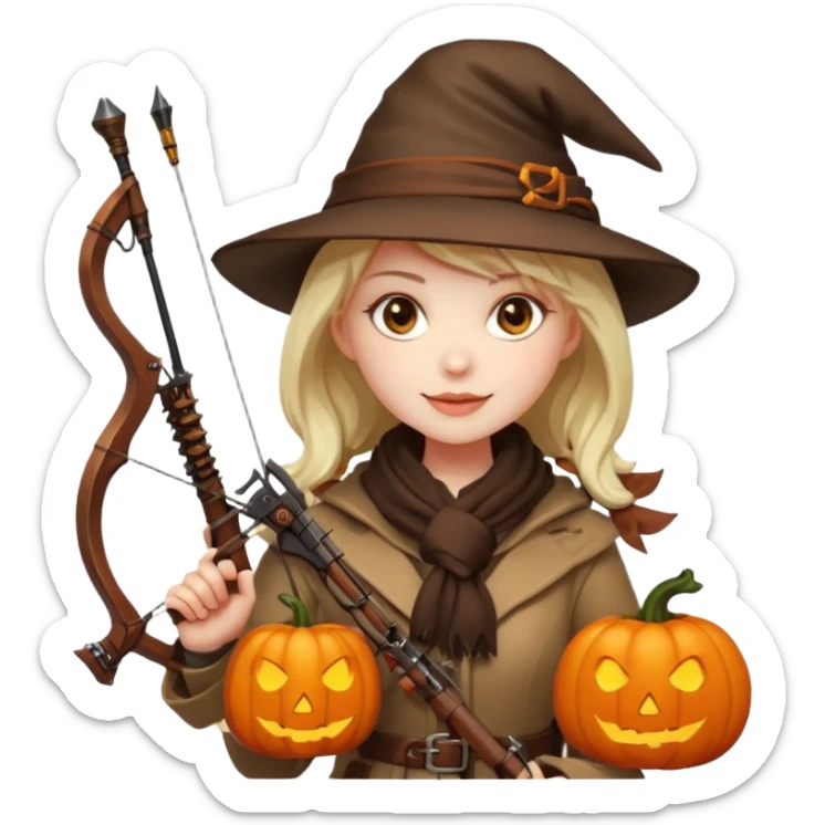 female human monster hunter emoji, wearing brown coat and hat, holding crossbow, soft smile, scarf, glowing pumpkin by her side, Halloween fantasy style, clean vector Apple emoji look, bright colors, white background, square sticker