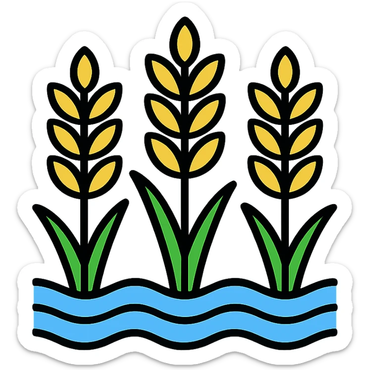 minimal clean icon style of rice plants growing in a flooded paddy field sticker