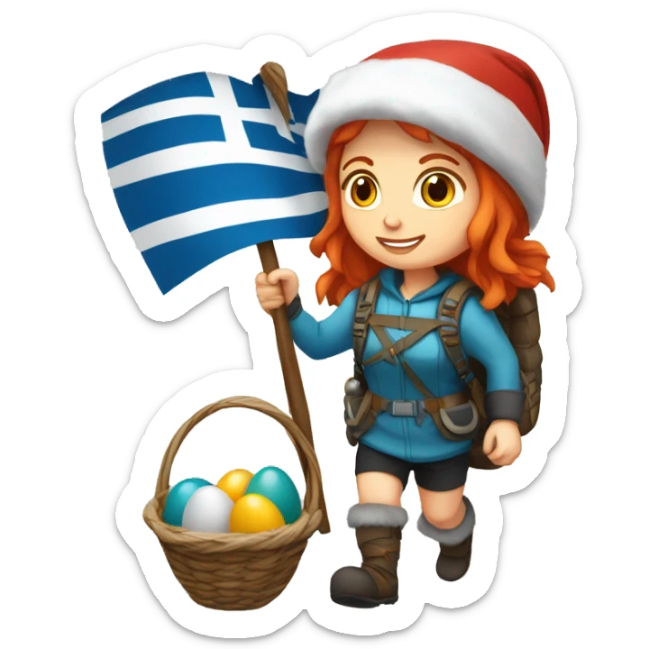 Female winter mountaineer red hair white skin climbing with Greek Flag and Easter eggs basket sticker