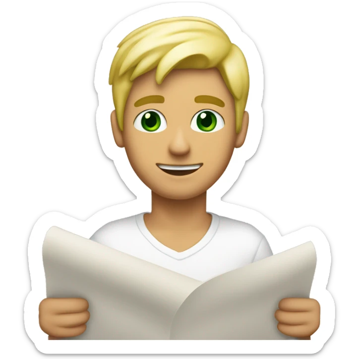a light-skinned blonde green-eyed male person sitting in front of the long white paper scroll sticker