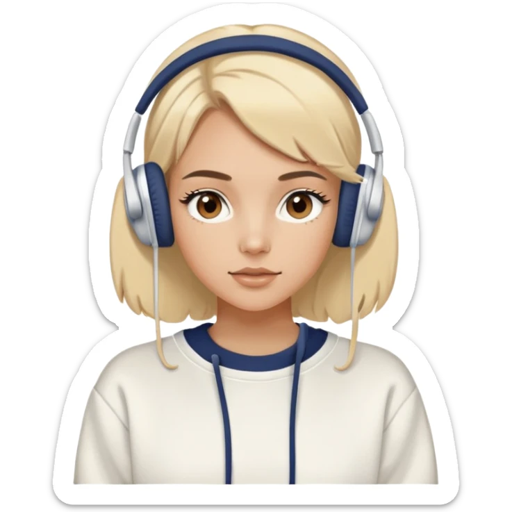 Tan blonde model with brown eyes wearing white headphones and an oversized vintage navy sweatshirt, pretty, eyelashes sticker