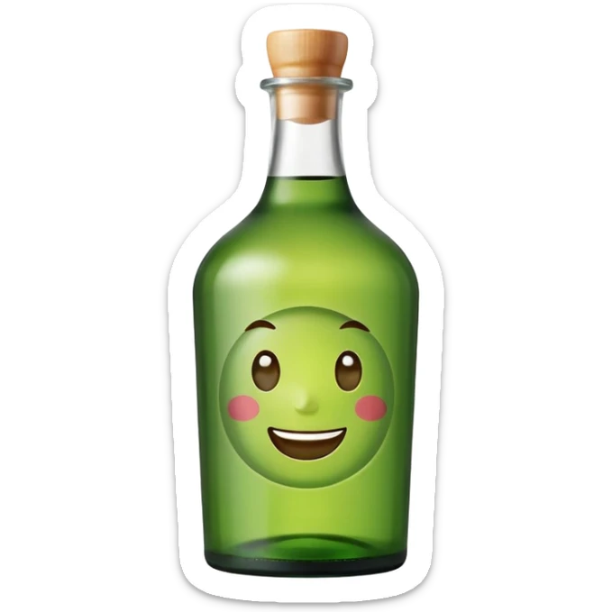 Minimal realistic emoji of a green Korean soju bottle, smooth glass texture, simple Korean label, soft studio lighting, clean background, centered composition, modern emoji design, high quality, 1:1 square sticker