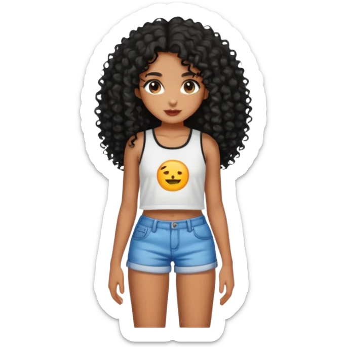 Garota emoji morena, cabelos longos cacheados pretos, short curto e top sticker