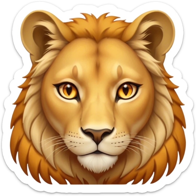Cinematic Noble Lioness Portrait Emoji, Poised and regal, with a graceful, athletic build and a sleek, tawny Fur, piercing soulful amber eyes, Simplified yet sharp and sophisticated features, highly detailed, glowing with a warm, dignified glow, high shine, intelligent and fierce, stylized with an air of wild elegance, focused and attentive, soft glowing outline, capturing the essence of a watchful and confident lioness, so majestic it feels as though it could silently prowl out of the screen with effortless authority! sticker
