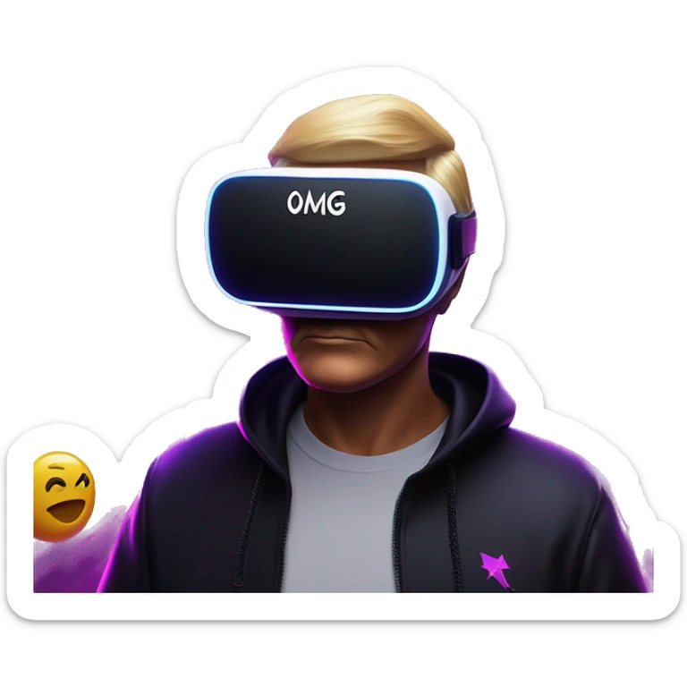 Donald Trump wearing a black hoodie with "OMG" letters on it and VR headset oculus quest 2 in a cyberpunk VR environment with violet neon lighting. sticker