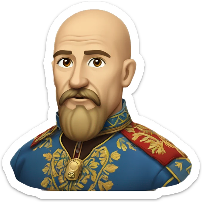 a Cossack warrior, The Cossack has a shaved head and a long strand of hair on one side. He has a thick, curved mustache and wears a gold earring in his left ear. He is wearing a simple Ukrainian embroidered shirt sticker