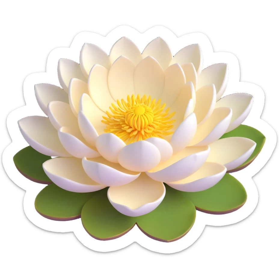 Realistic white lotus flower with detailed layered cream-white petals and bright yellow stamens, floating on accurate lotus pad with characteristic notch and bowl shape sticker