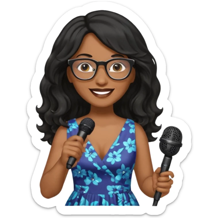 singer, Middle age, long wavy black hair, brown skin, wearing dress, holding mic, glasses sticker