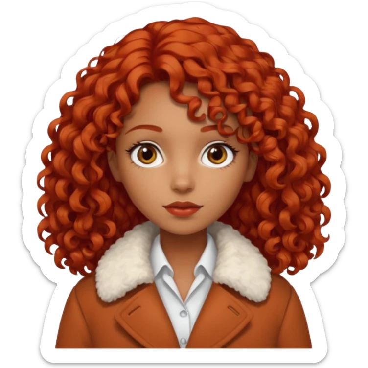 
Dark tanned girl with medium-length, curly, tomato-red hair, dark eyes, wearing a coat with a white collar. sticker