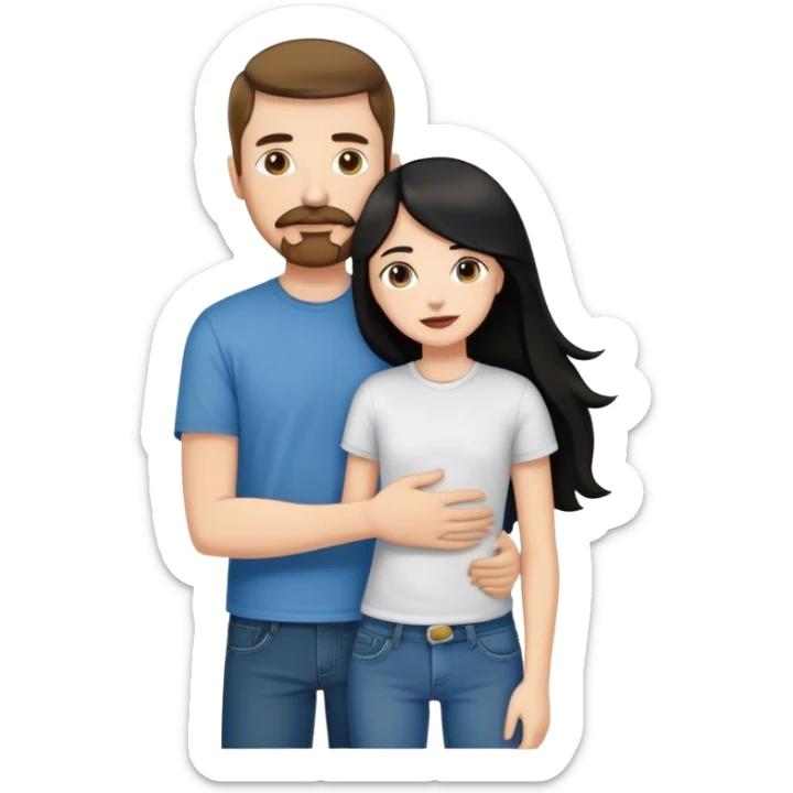 tall white guy with brown hair goatee mustache wearing t-shirt and jeans hugging a shorter white girl with long black hair sticker