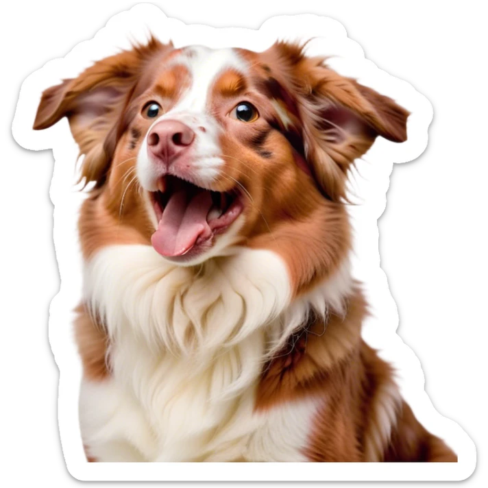 Cinematic Cute Yawning Red Merle Australian Shepherd Portrait Emoji, Head tilted slightly with a dramatic, wide-open yawn, soft red merle fur with subtle white accents, floppy ears slightly drooping, round amber eyes barely open in drowsy contentment, Simplified yet irresistibly adorable features, highly detailed, glowing with a soft, cozy glow, high shine, relaxed yet expressive, stylized with a touch of whimsy, bright and endearing, soft glowing outline, capturing the essence of a sleepy yet affectionate pup, so drowsy it feels like it could stretch right out of the screen and curl up for a nap! sticker