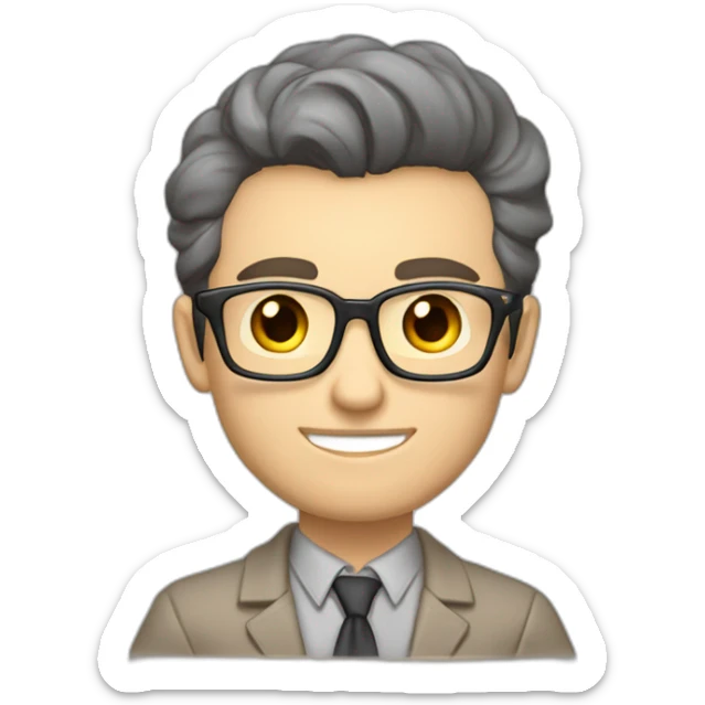 Pale skinned Fit Man With dark brown hair in gray jacket, beige office shirt, Brown pants and vintage glasses sitting In a soft chair with a notebook with emblem Ψ and a pen in his hands sticker