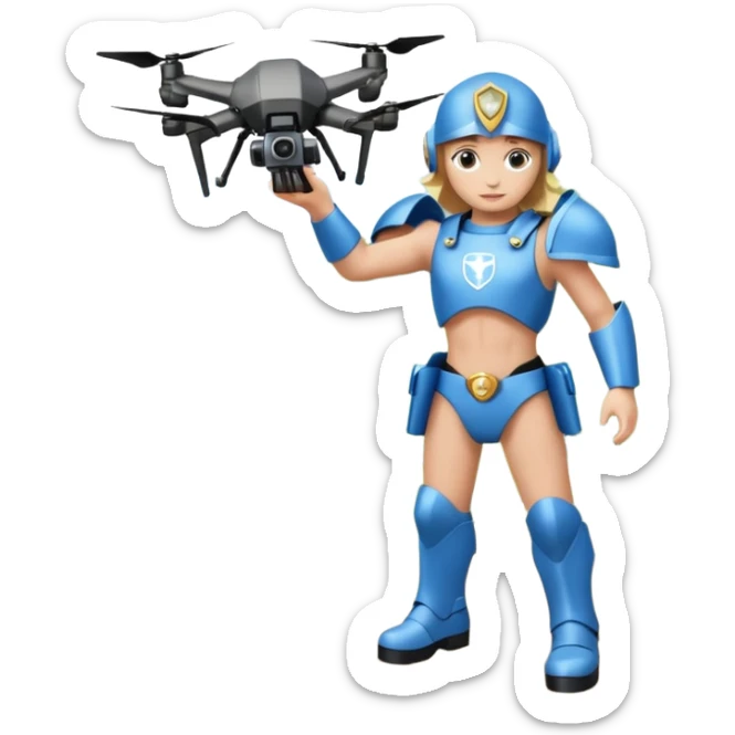 Un photographe high tech, une armure de terrain à la super héro. Il a des appareils photos, des caméras embarquées et un drone  sticker