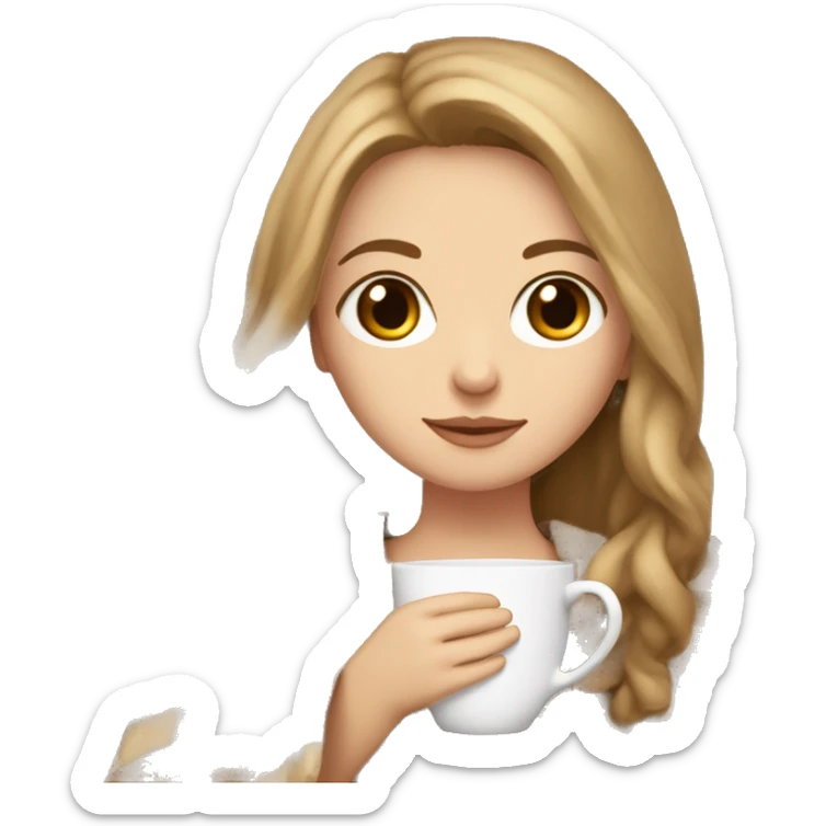 white girl with light brown long hair and brown eyes with blanket wrapped about shoulders and sipping tea sticker