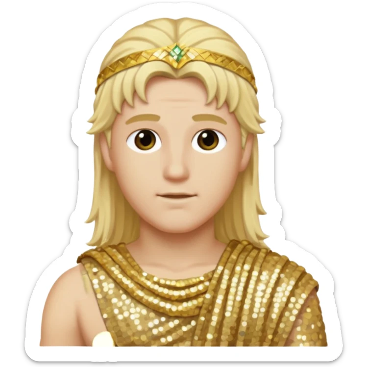 Apollo from Roman Deities with long blonde hair, gold sequin toga sticker