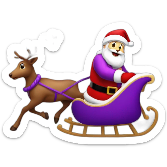 Santa Claus dressed in purple running with his sleigh and reindeer to deliver presents sticker