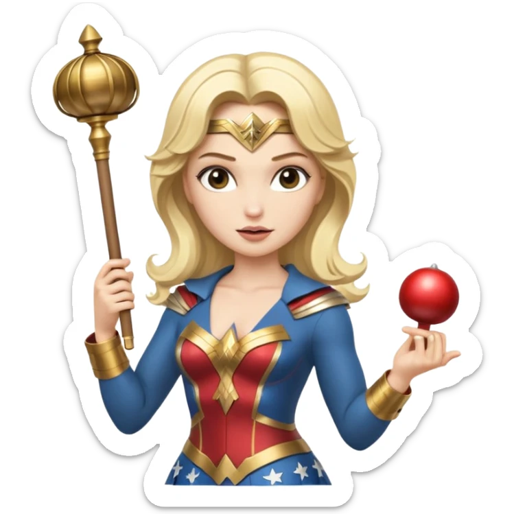 Blonde Wonder Woman holding white orchestra conductor’s baton and bell sticker