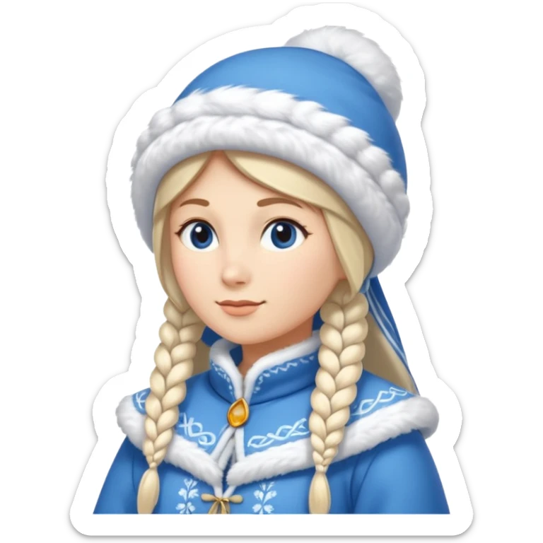 A cute Snow Maiden (Snegurochka) emoji, full body, standing in side view, wearing a traditional blue winter coat with white fur trim, long braid, and a kokoshnik-style winter hat. sticker