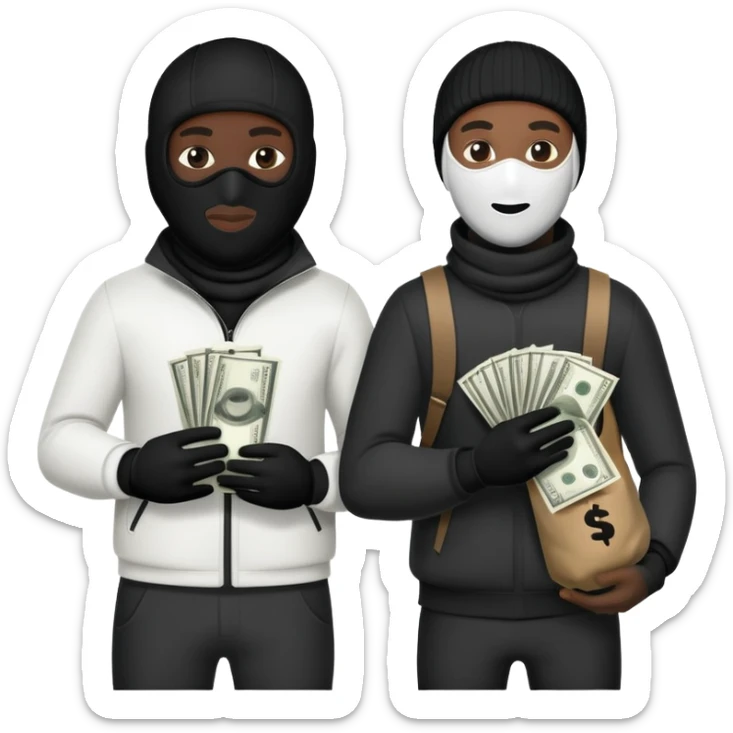 Two men one white and the other black one Ski mask holding money bag with black skin color black and white money bag sticker