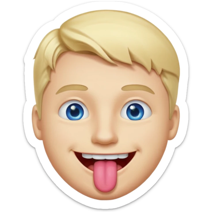 a smiley face of a man with tongue out just a little bit, blue eyes and blonde hair sticker