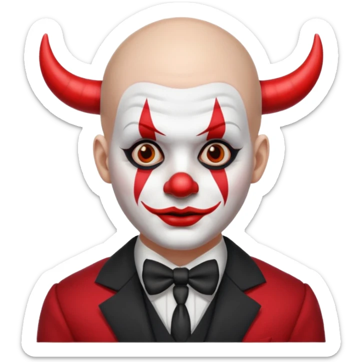 Crea un payaso con cara blanca sin pelo con cuernos negros y un traje rojo con negro sticker
