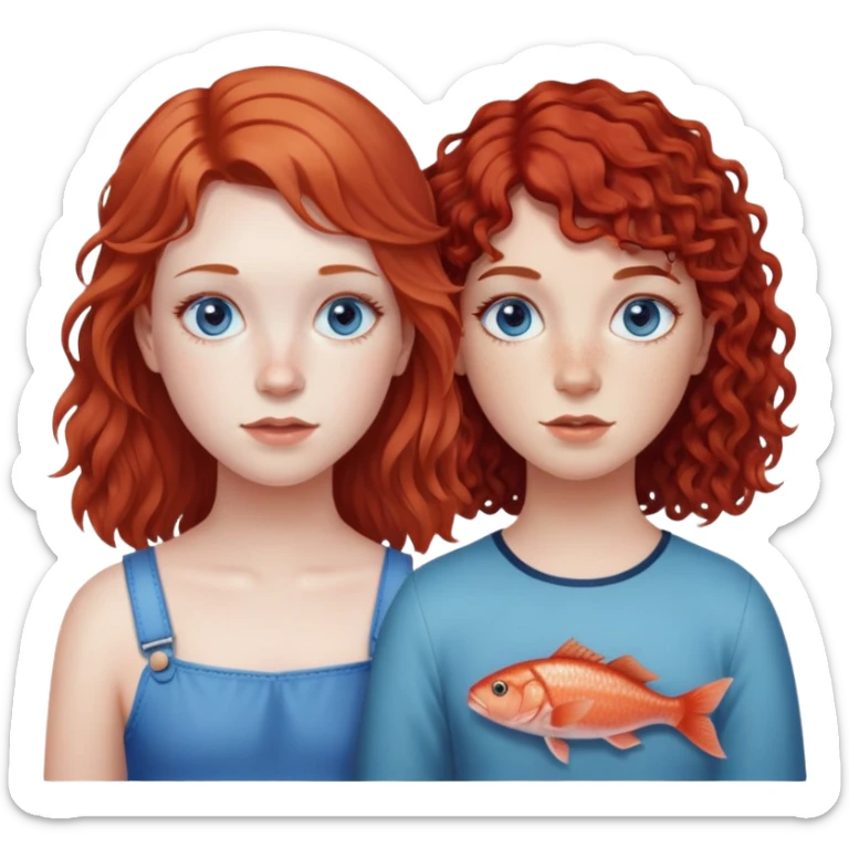 Two girls, one with a dark red mullet with a little fringe, pale skin and freckles. The other girl has brown curly hair with blue eyes and they’re both pale sticker