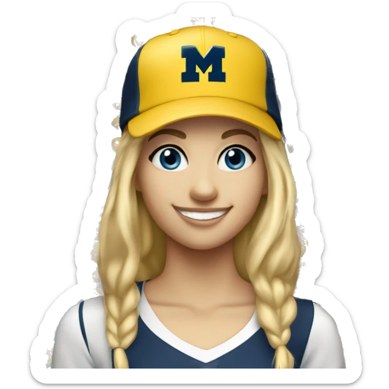 Blonde girl with blue eyes smiling wearing University of Michigan ball cap sticker