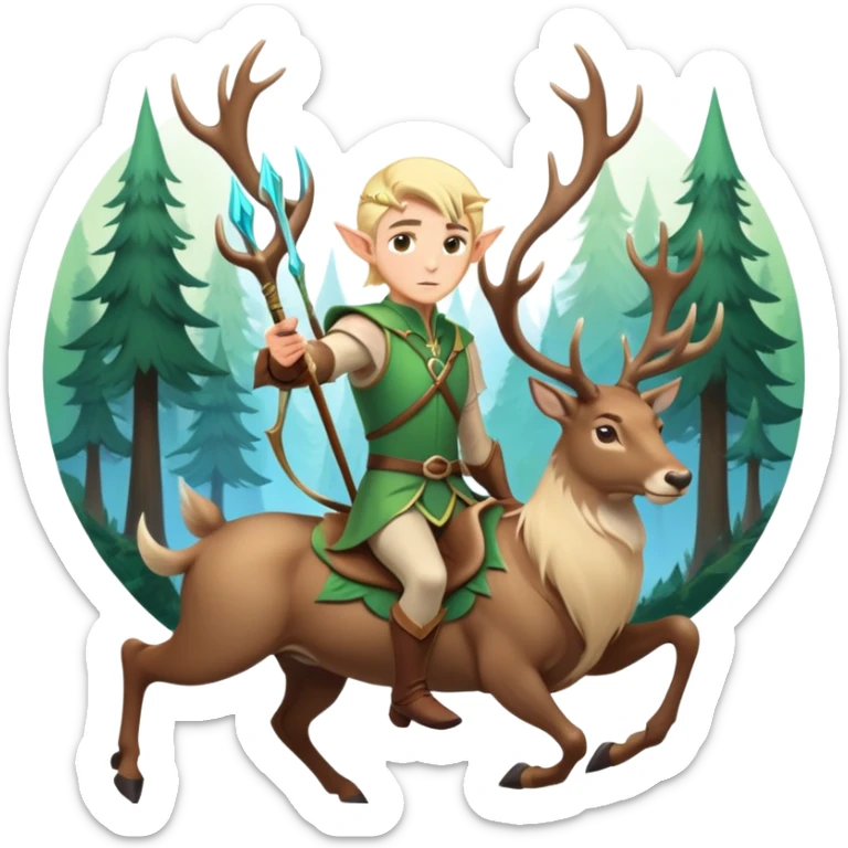 clash-of-clans-aesthetic-blond-male elf-archer-portrait-emoji, rendered in a flat, vector-style with minimal shading and bold, simplified shapes, head tilted slightly forward with a determined, focused expression, riding a majestic stag whose luminous antlers glow with mystical energy, set against an ancient, enchanted forest backdrop. sticker