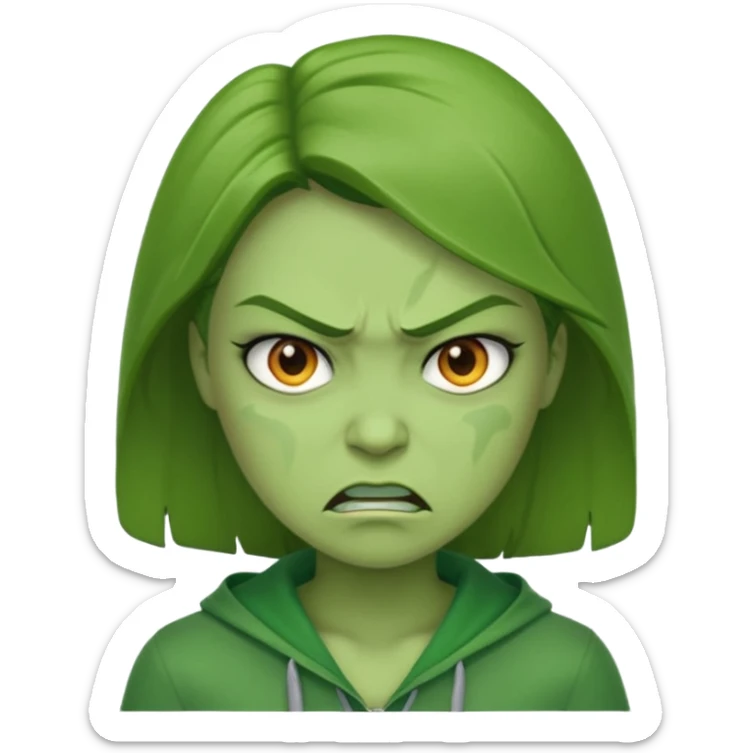 Give me a woman in green who is angry. her skin should also be greeb  sticker