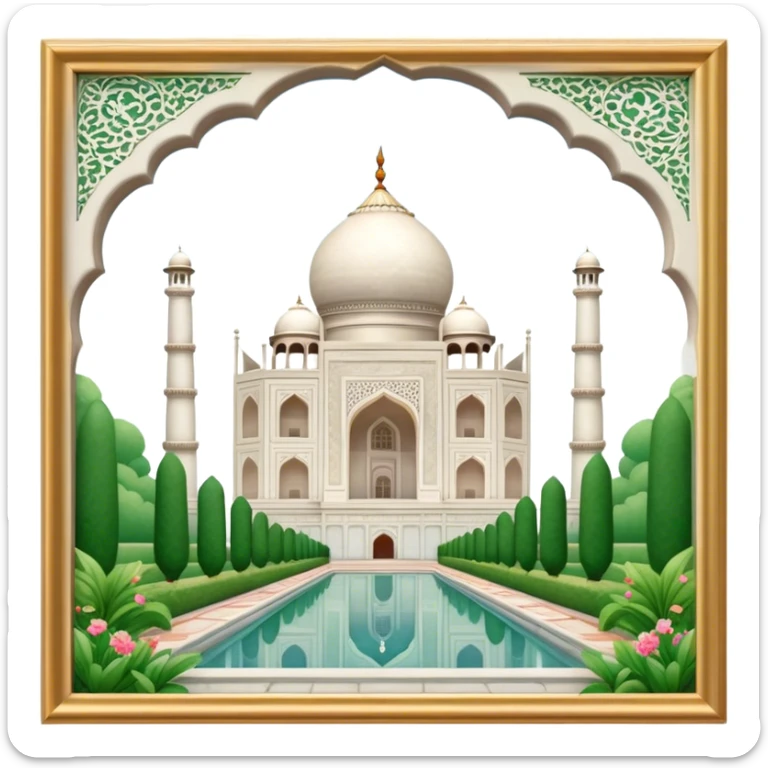 Cinematic Realistic Taj Mahal Landmark Emoji, depicted as the iconic marble mausoleum set amidst lush gardens rendered with intricate detail and ethereal, soft lighting. sticker