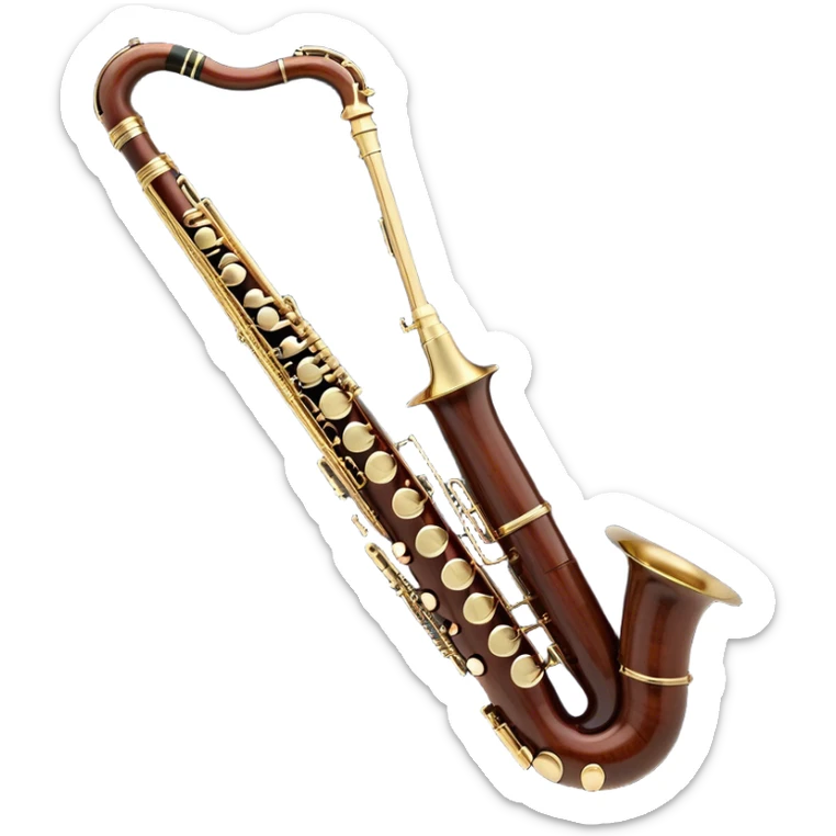 Create an elegant and detailed emoji representing a professional Yamaha bassoon. The design should feature the sleek wooden body of the bassoon with its rich wood tones, showing the intricate keywork and metal springs. The metal tubing of the instrument should be clearly visible, with polished brass accents. Highlight the bell and the distinctive, curved shape of the instrument. The mouthpiece and reed should be visible at the top, emphasizing the functional details. Use warm wood tones like dark brown, with gold and brass accents for the keys and fittings. Add soft musical notes or soundwaves to represent the deep, resonant sound of the bassoon. The background should be transparent. sticker