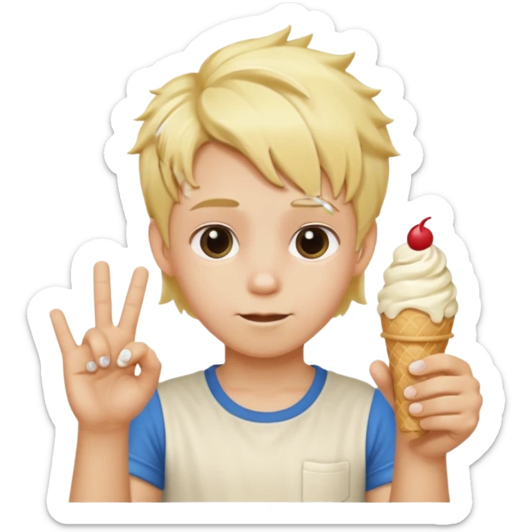 A kid with blonde icecream hair with two hands that has 6 on the left hand and 7 on the right hand sticker