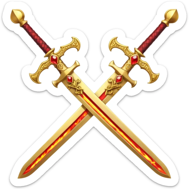 Two crossed swords that are golden in blade and handle and have fiery and royal appearence to them as well as red gem stones yellow in color sticker