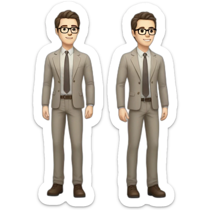 Full height Pale skinned fit man with dark brown hair in gray jacket, beige office shirt, brown tie, brown pants and vintage glasses. His right hand stretched out sticker