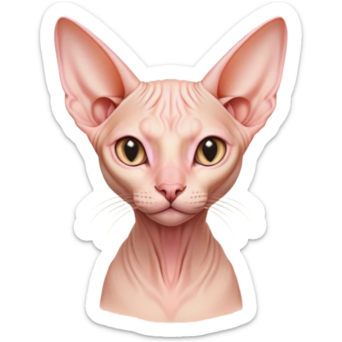Cinematic Noble Sphynx Cat Portrait Emoji, Poised and regal, with smooth, hairless skin in warm peach and soft pink tones, striking large ears and intense almond-shaped eyes, Simplified yet sharp and sophisticated features, highly detailed, glowing with a soft, dignified glow, high shine, intelligent and graceful, stylized with an air of elegance, focused and attentive, soft glowing outline, capturing the essence of a watchful and refined feline, so majestic it feels as though it could glide across the screen with effortless confidence! sticker