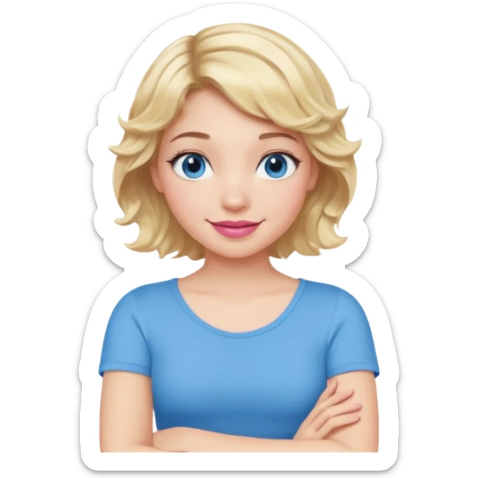 Girl Blonde short wavy hair,  blue eyes, cute blue top, long lashes, pink lips, smiling, cross arms  sticker