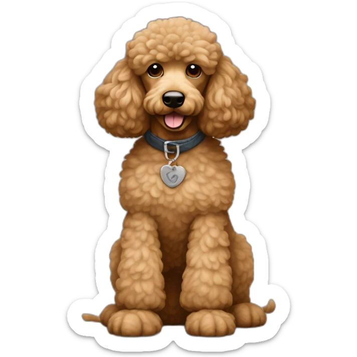 Light brown poodle seated and wearing a t-shirt of Eddie Vedder face printed sticker
