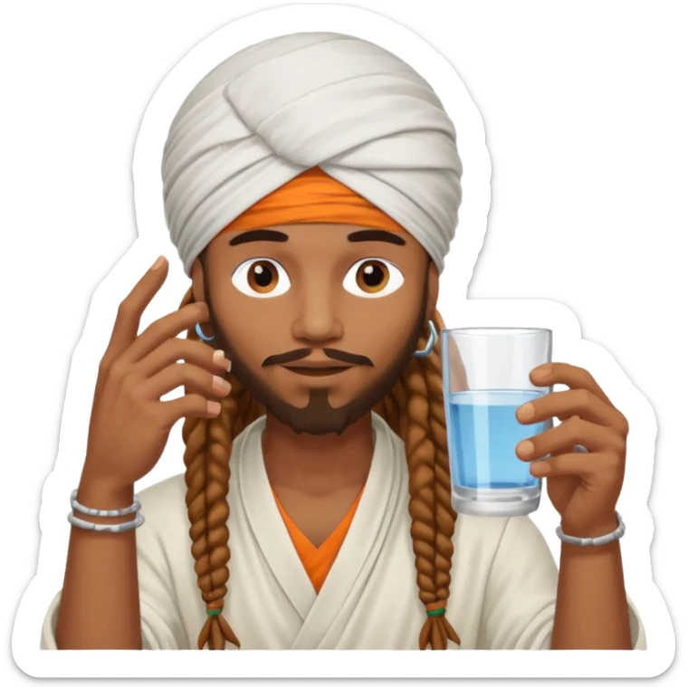 Brownskin man with long dreadlocks add a white turban on his head orange shirt drinking  sticker